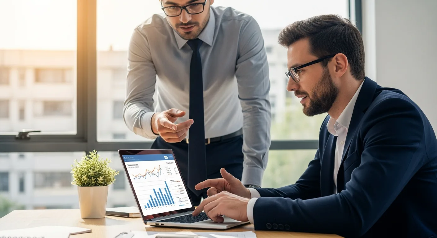 Professional men reviewing small business grant opportunities 2026 on a digital tablet in a modern office.
