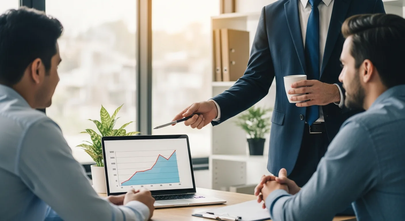 A professional small business marketing consultant analyzing a growth chart to address stalling revenue.