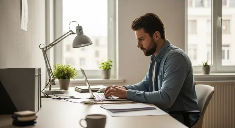 A male entrepreneur working in a modern office, illustrating profitable sole proprietorship business examples for 2026.