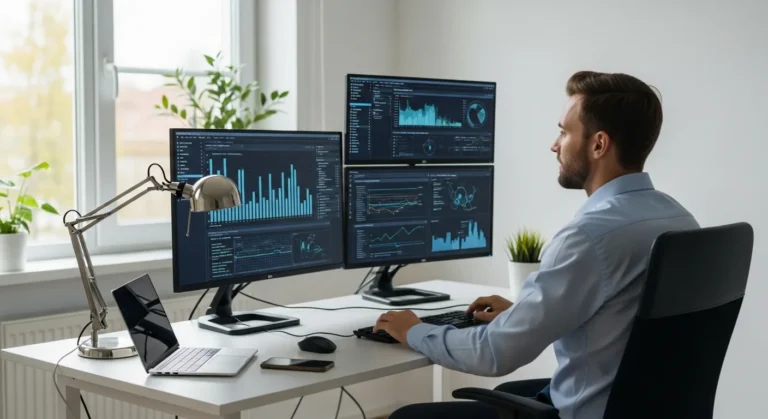 A man designing a scalable solopreneur business model 2026 on a laptop in a modern, minimalist office.