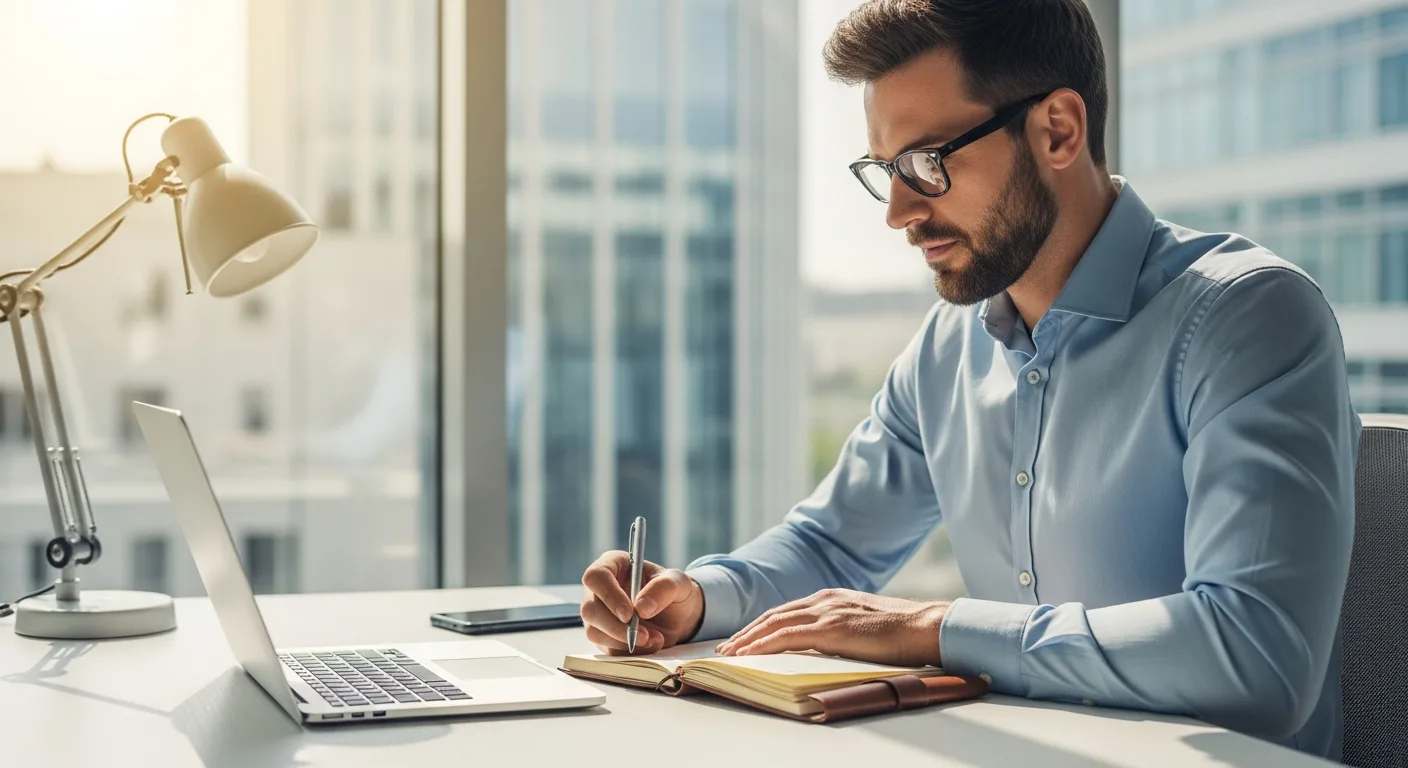 A professional man using a laptop to conduct an SOS business search to verify corporate registration details.