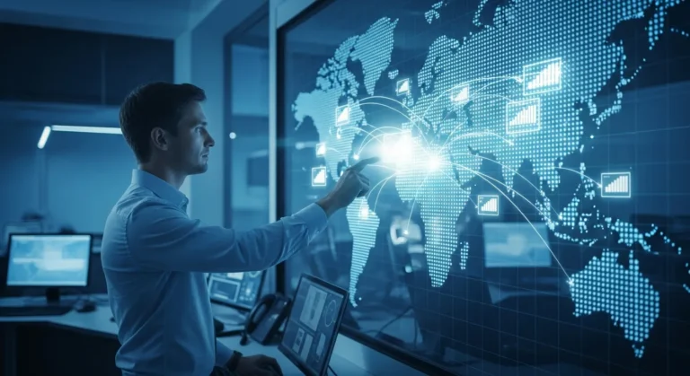 A professional reviewing advanced supply chain transparency tools 2026 on a high-tech logistics dashboard.
