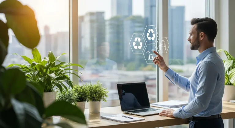 A businessman reviewing innovative sustainable business model examples 2026 on a tablet in a modern green office.