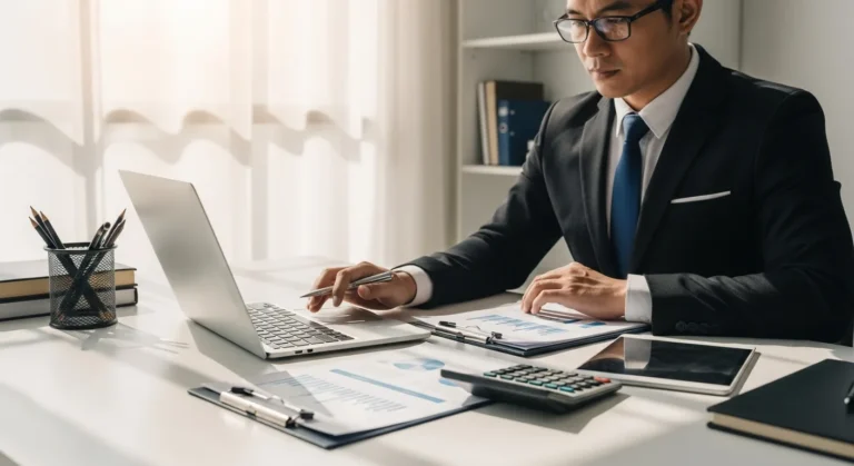 A man analyzing documents to explore tax preparation business opportunities in a modern, professional office setting.