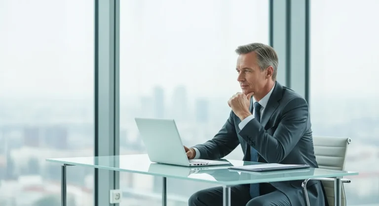 A professional man drafting thought leadership content for executives in a modern, sunlit corporate office.