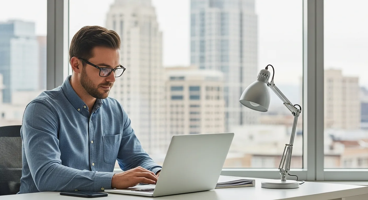 A professional man applying for a Utah business license on a laptop in a modern office environment.