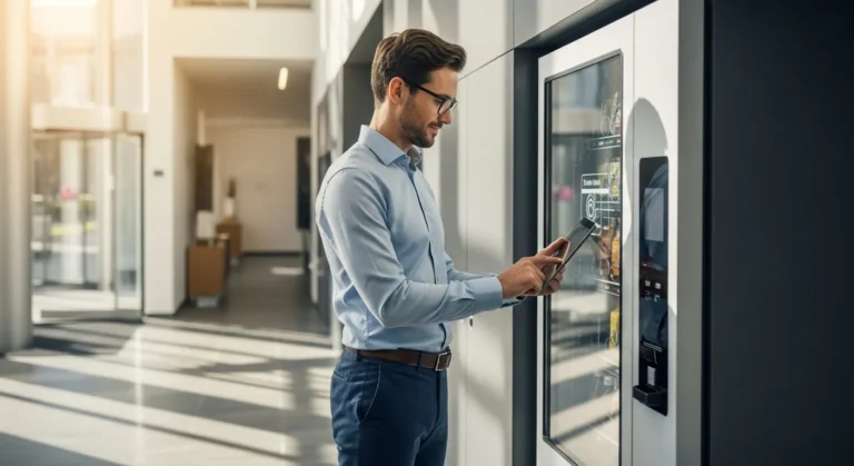 A man managing a modern kiosk as part of a successful vending machine business setup 2026.