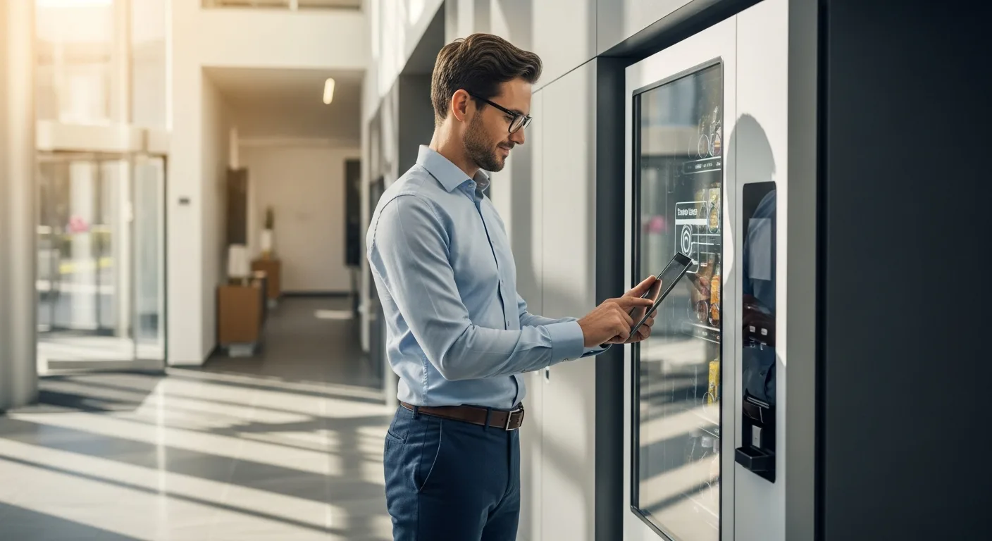 A man managing a modern kiosk as part of a successful vending machine business setup 2026.