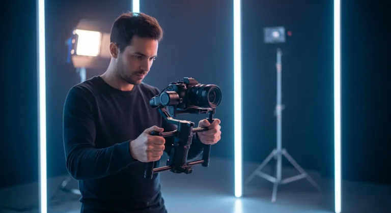 A professional man setting up high-end camera gear for a videography business for social media.