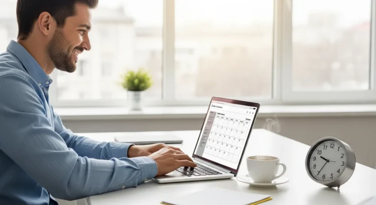 A focused man delegating tasks using virtual assistant services for entrepreneurs to manage his busy schedule.