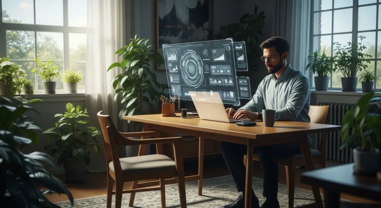 A professional demonstrating modern virtual team productivity strategies in a high-tech 2026 home office.