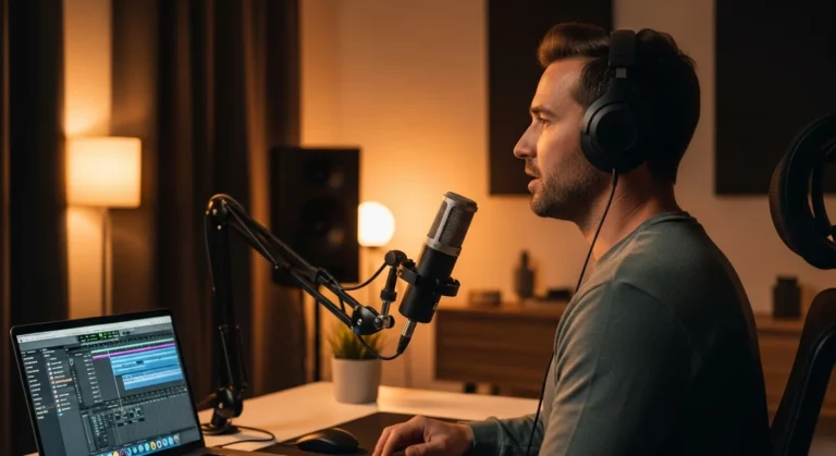 A man recording in a studio for voice over jobs for beginners from home using a professional condenser microphone.