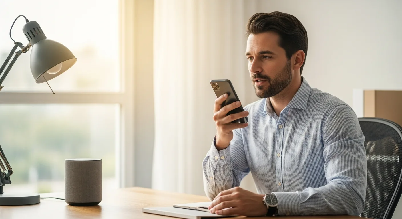 A professional man using a smartphone for voice search optimization for businesses in a modern office.