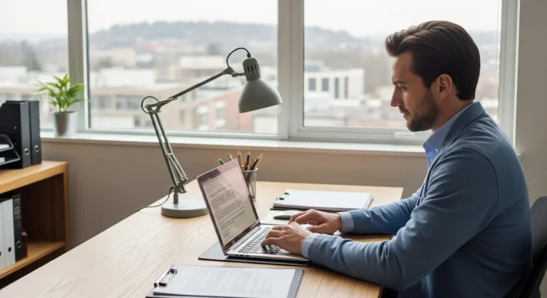 A professional man reviewing digital forms to apply for a wa business license on his laptop.
