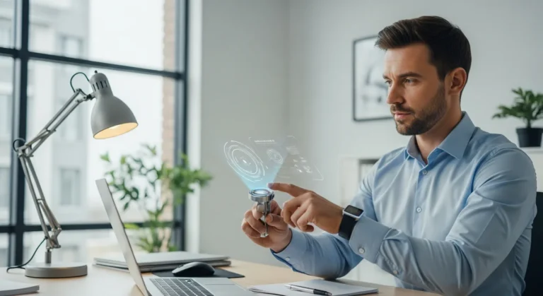 A man showcasing innovative wearable tech startup ideas with a futuristic holographic smart watch.