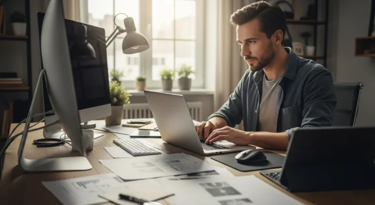 A man working on a laptop at a modern desk to start a web design business for beginners.