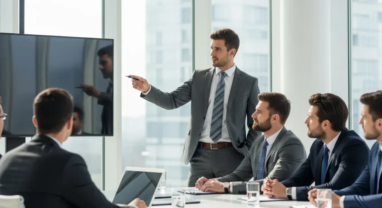 A professional explaining what is the main purpose of developing a business pitch to a group of potential investors.