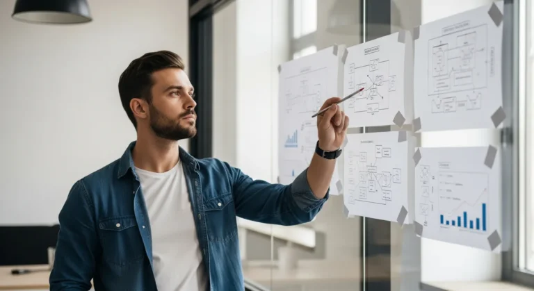 A focused man planning strategy and considering what must an entrepreneur assume when starting a business.