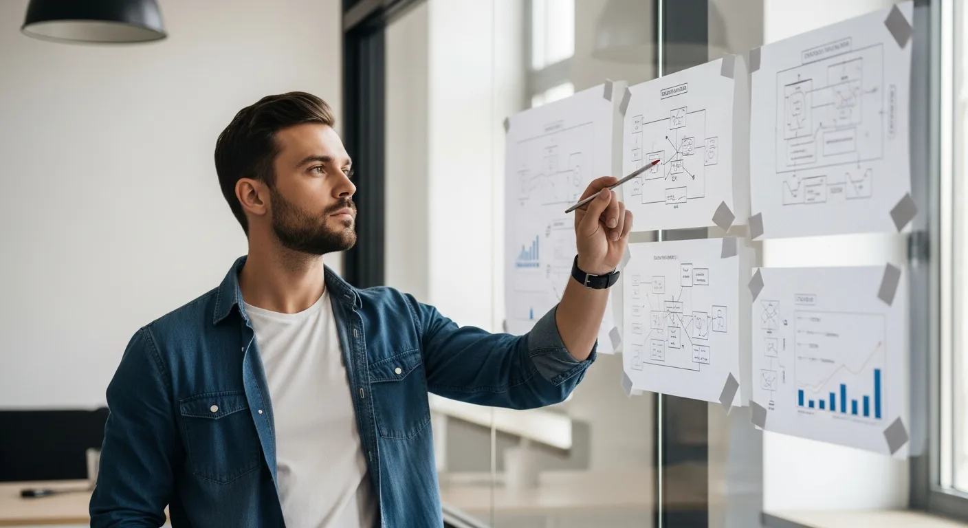 A focused man planning strategy and considering what must an entrepreneur assume when starting a business.