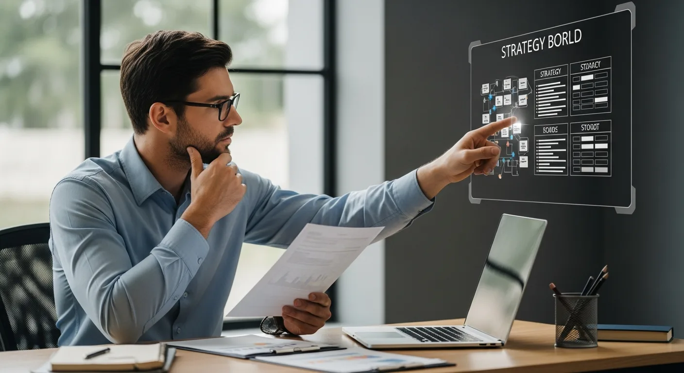 A businessman analyzing what must an entrepreneur do after creating a business plan in a bright, modern workspace.
