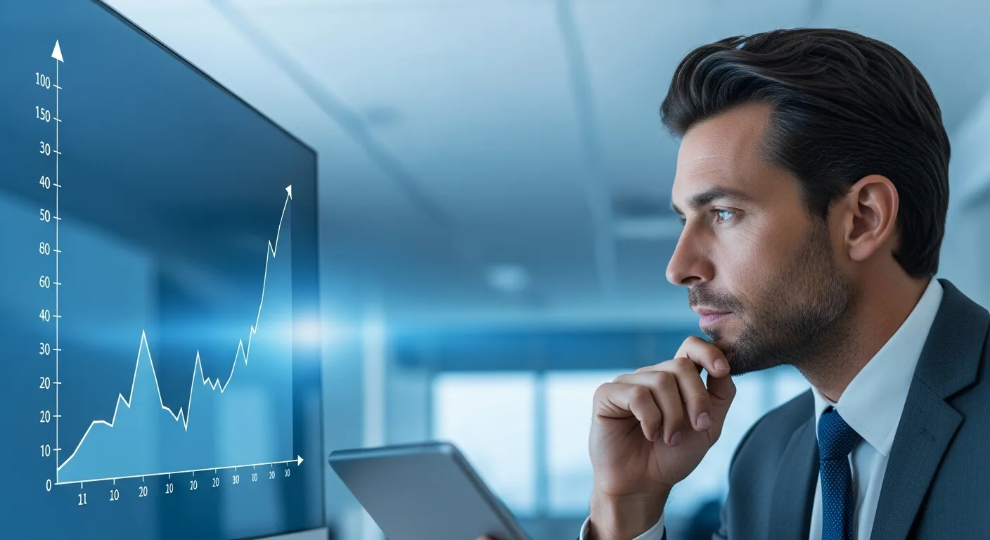 A man analyzing which stage of the business cycle is an economy in when it reaches its low point? on a financial screen.