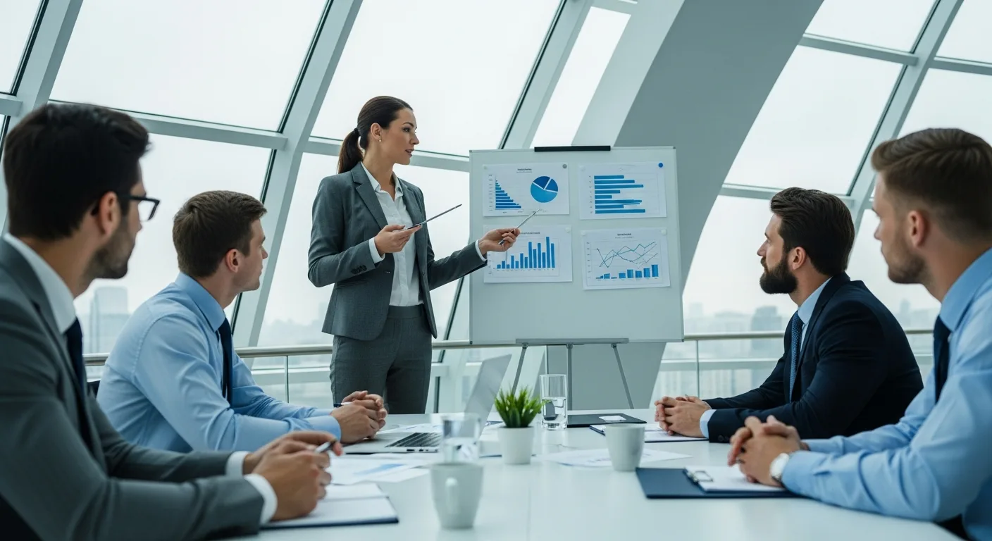 Professional women in business analyzing 2026 market dynamics in a high-tech corporate boardroom.