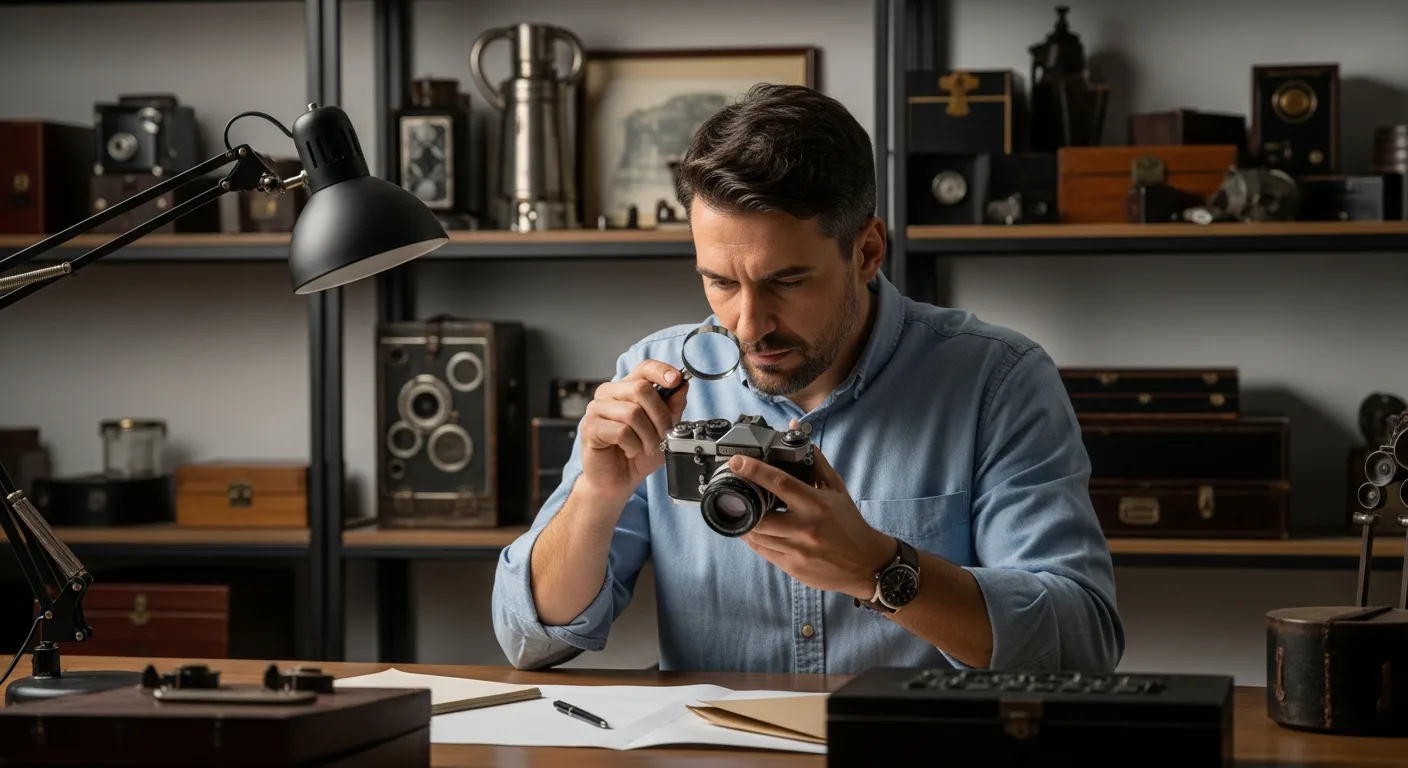 A man working as one of the work at home vintage experts, carefully inspecting a collection of antique cameras.