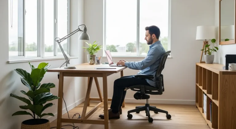 A minimalist work from home desk with a laptop, monitor, and ergonomic accessories in a bright home office.