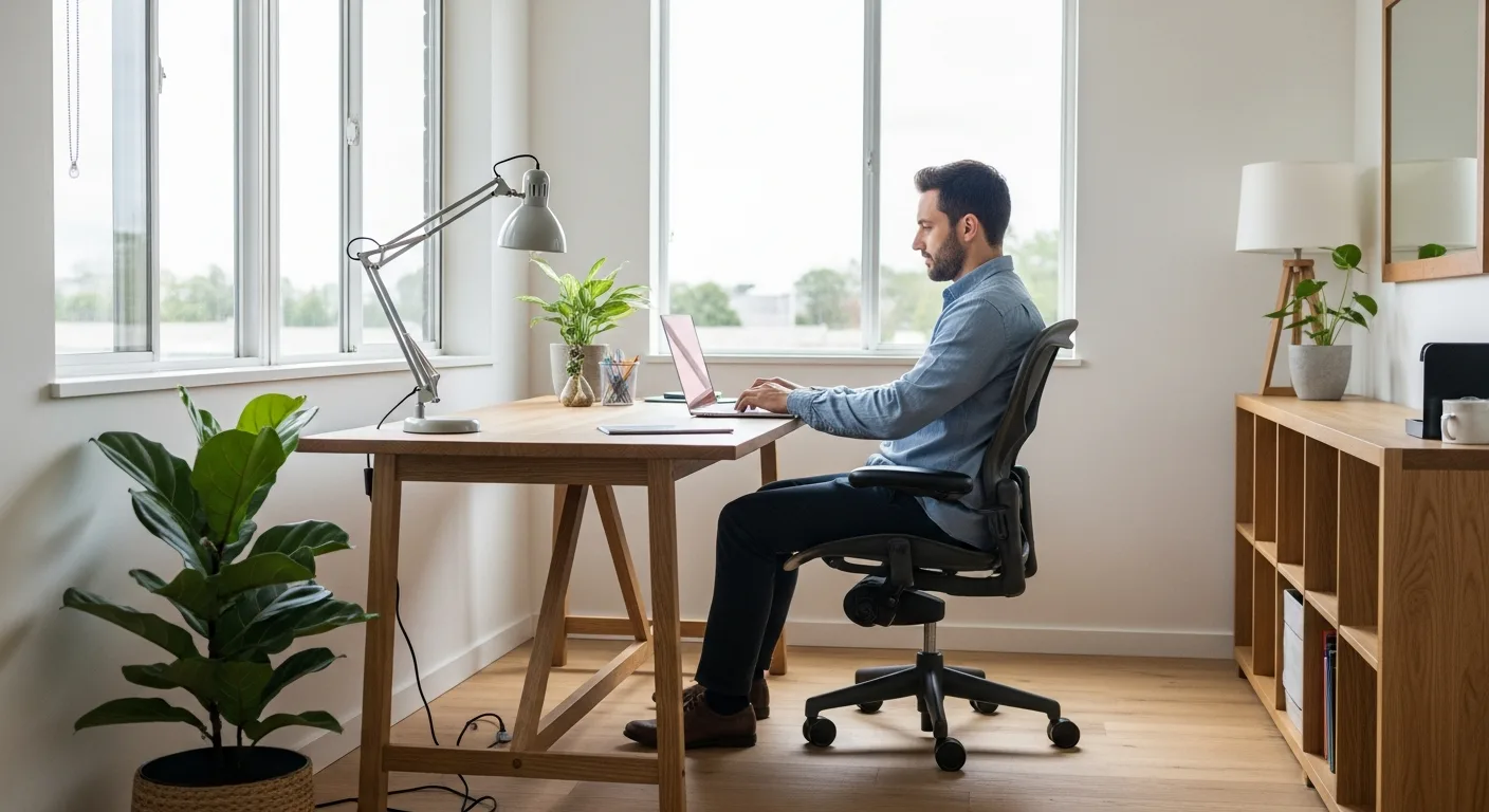 A minimalist work from home desk with a laptop, monitor, and ergonomic accessories in a bright home office.