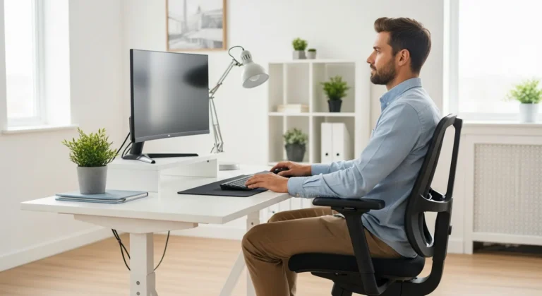 A man working at a comfortable and optimized work from home ergonomics setup to boost his daily productivity.