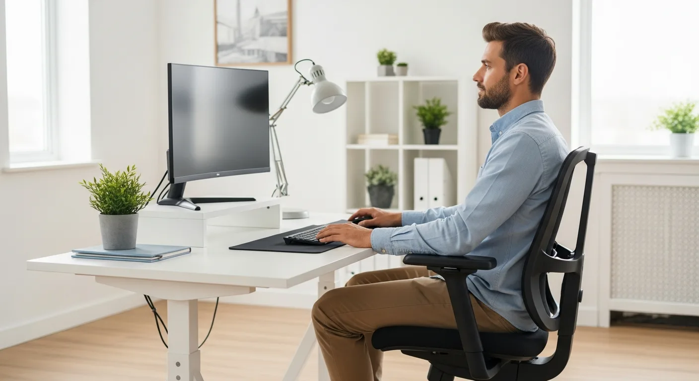 A man working at a comfortable and optimized work from home ergonomics setup to boost his daily productivity.