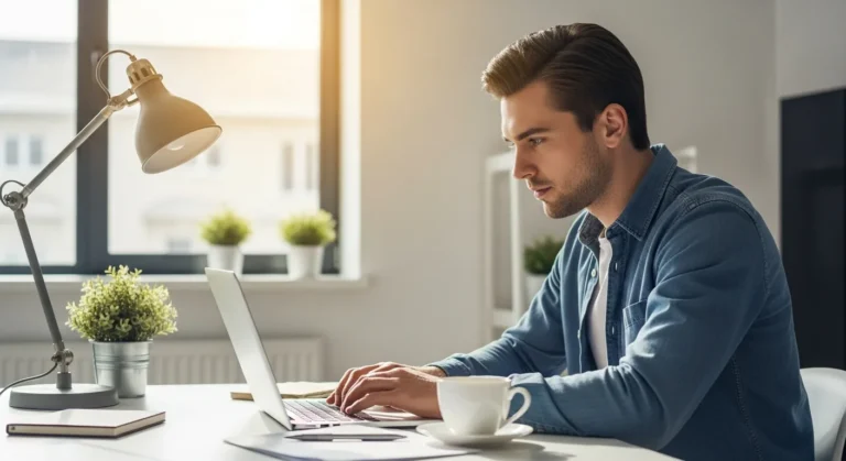 Man using a laptop at a home desk to find work from home jobs no experience immediate start.
