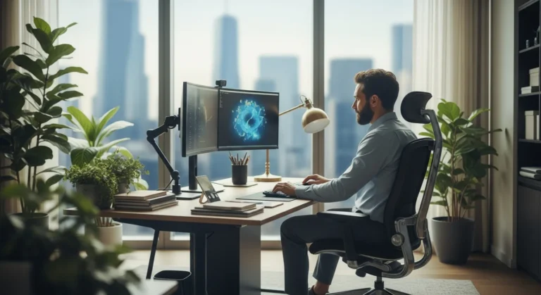 A professional man in a modern home office utilizing the work from home queen model for remote work success in 2026.
