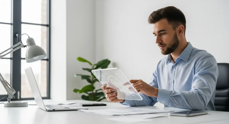 Young entrepreneur startup ideas 2026 shown through a focused man analyzing high-tech digital projections.